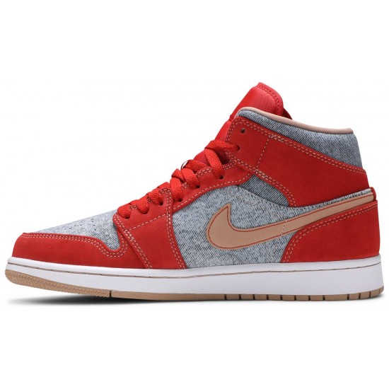 Air Jordan 1 Mid Denim Red Cinnabar/Hemp/White DM4352 600 AJ 1 Sneakers