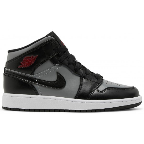 Air Jordan 1 Mid GS Shadow Black/Particle Grey/White/Gym Red 554725 096 AJ 1 Sneakers