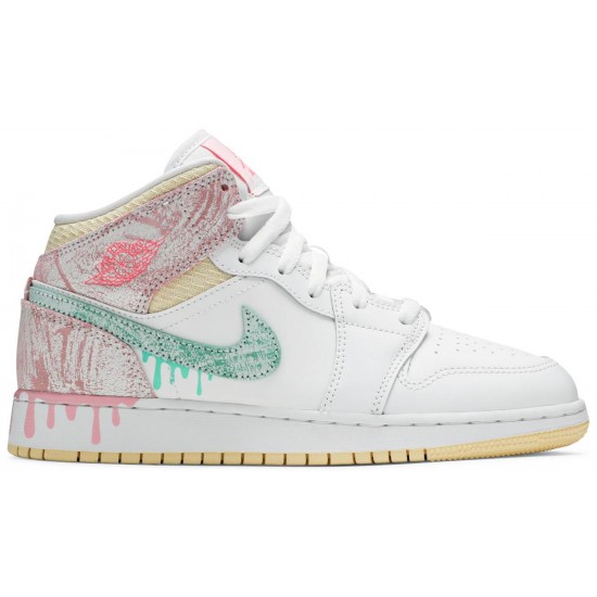 Air Jordan 1 Mid SE GS Ice Cream White/Arctic Punch/Pale Vanilla/Green Glow DD1666 100 AJ 1 Sneakers